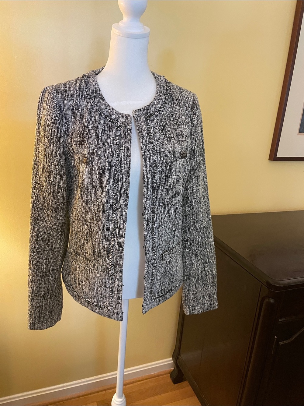 Lagerfeld Womens Black & White Tweed Open-Front Jacket with fringe trim